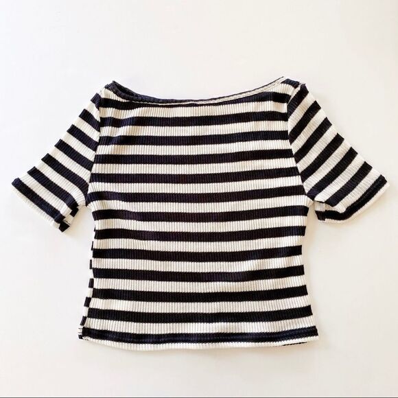 H&M Divided Knit Crop Top Navy Blue & White Stripes Short Sleeve Shirt S - Picture 3 of 9